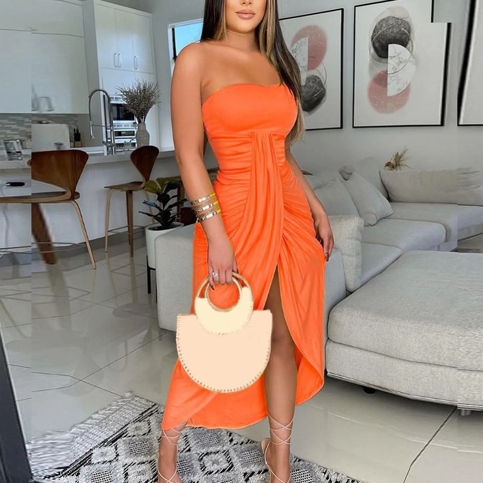 Vestidos Women'S Dress Sexy Solid Color Dress Sleeveless Strapless Hip-Hugging Wrap Chest Irregular Draped Party Summer Dress - Image 8