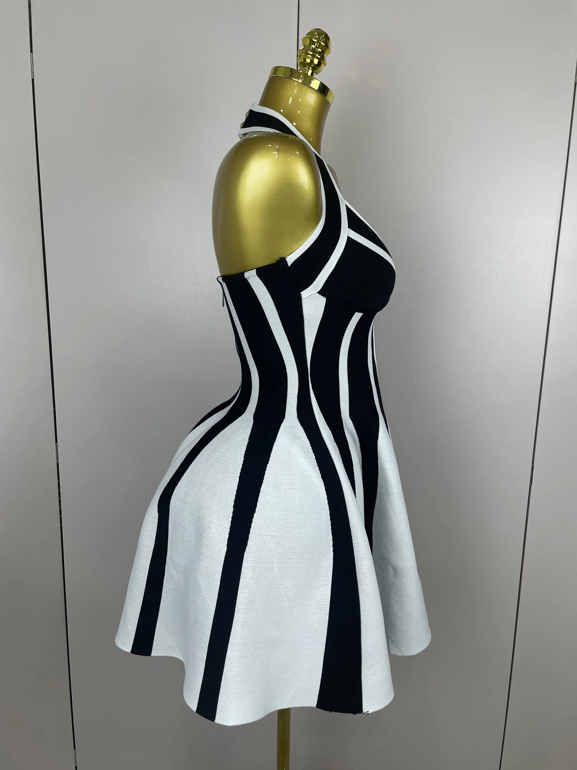 Sexy Backless Black White Stripes Halter Bandage A Line Short Dress 2025Women Celebrity Elegant Evening Party Holiday Club Dress - Image 4