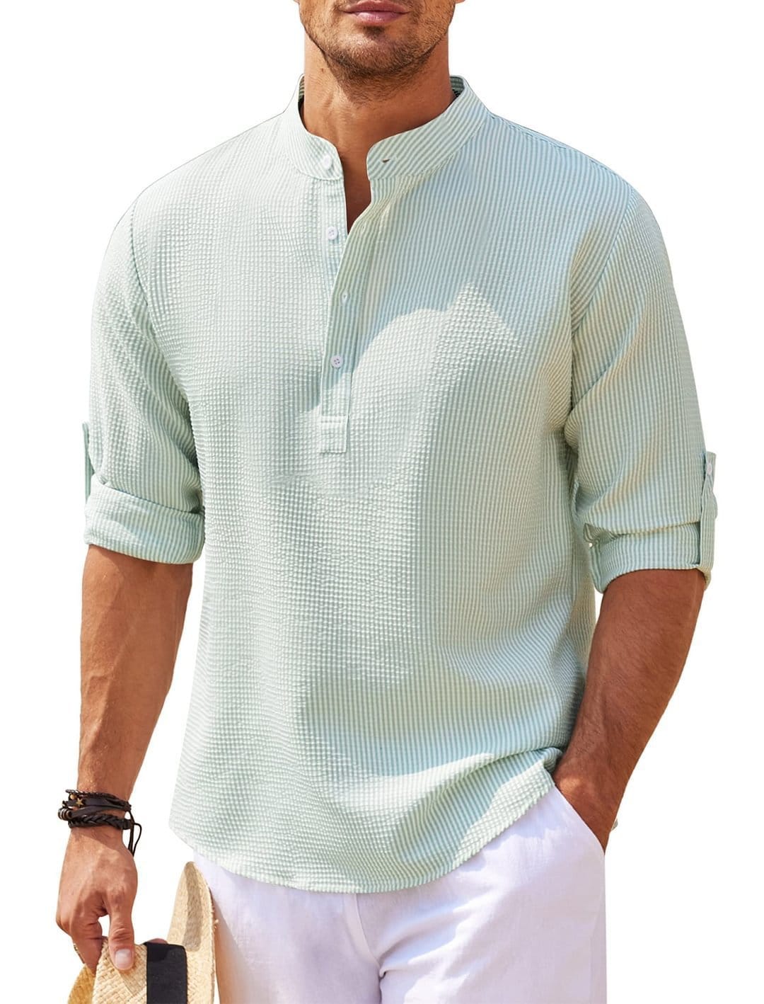 Men's Casual Shirt Long Sleeve Stand Collar Solid Color Shirt Mens Clothing - Image 4