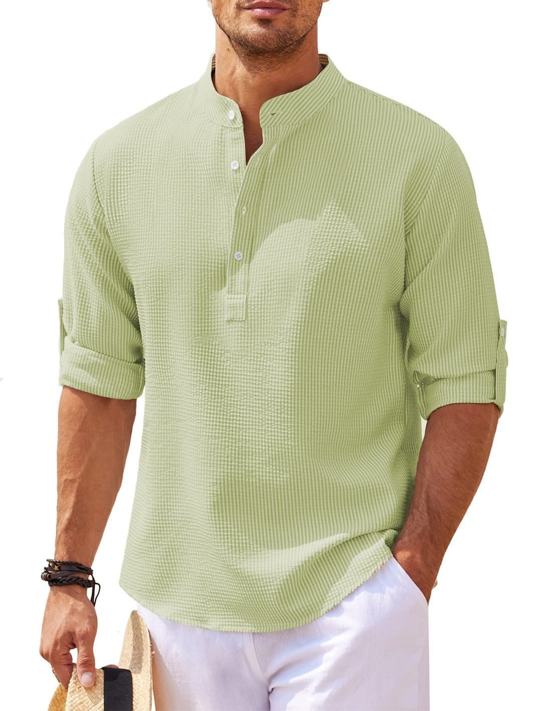 Men's Casual Shirt Long Sleeve Stand Collar Solid Color Shirt Mens Clothing - Image 3