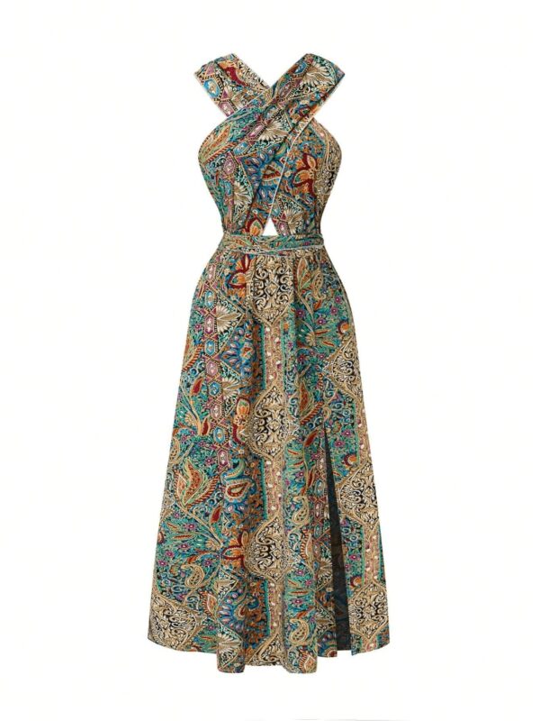 Women Print Maxi Dress High Waisted Cross Halter Neck With Tie Detail,Flowing Vacation Gown In Teal, Blue-Green & Brown Paisley   Pattern, Machine Washable, Summer Fashion Decorative Tie Detail - Image 5