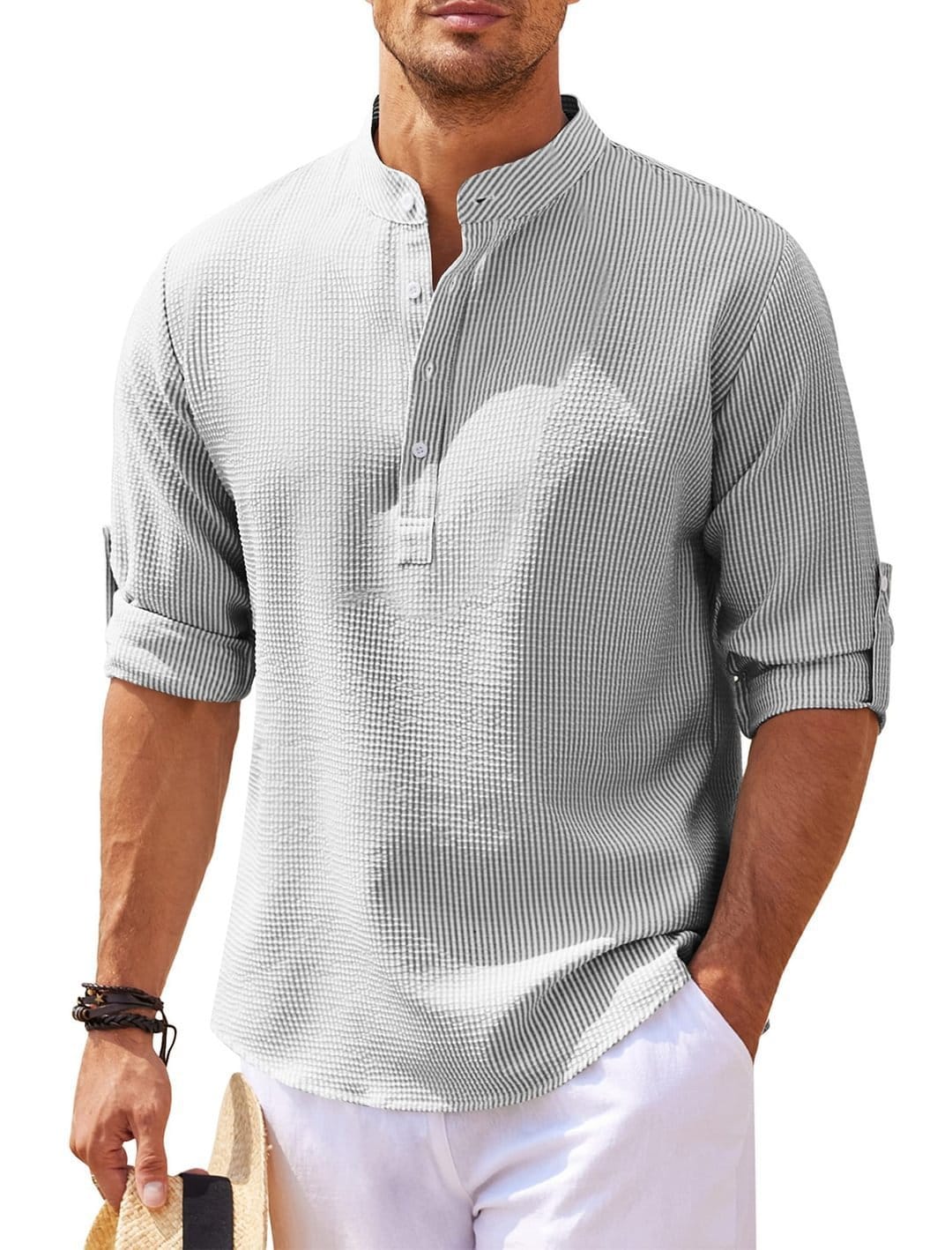 Men's Casual Shirt Long Sleeve Stand Collar Solid Color Shirt Mens Clothing - Image 5