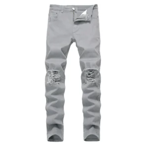 Men's Gray Casual Slim Fit Jeans, Ripped Decoration Fashion Jeans 577