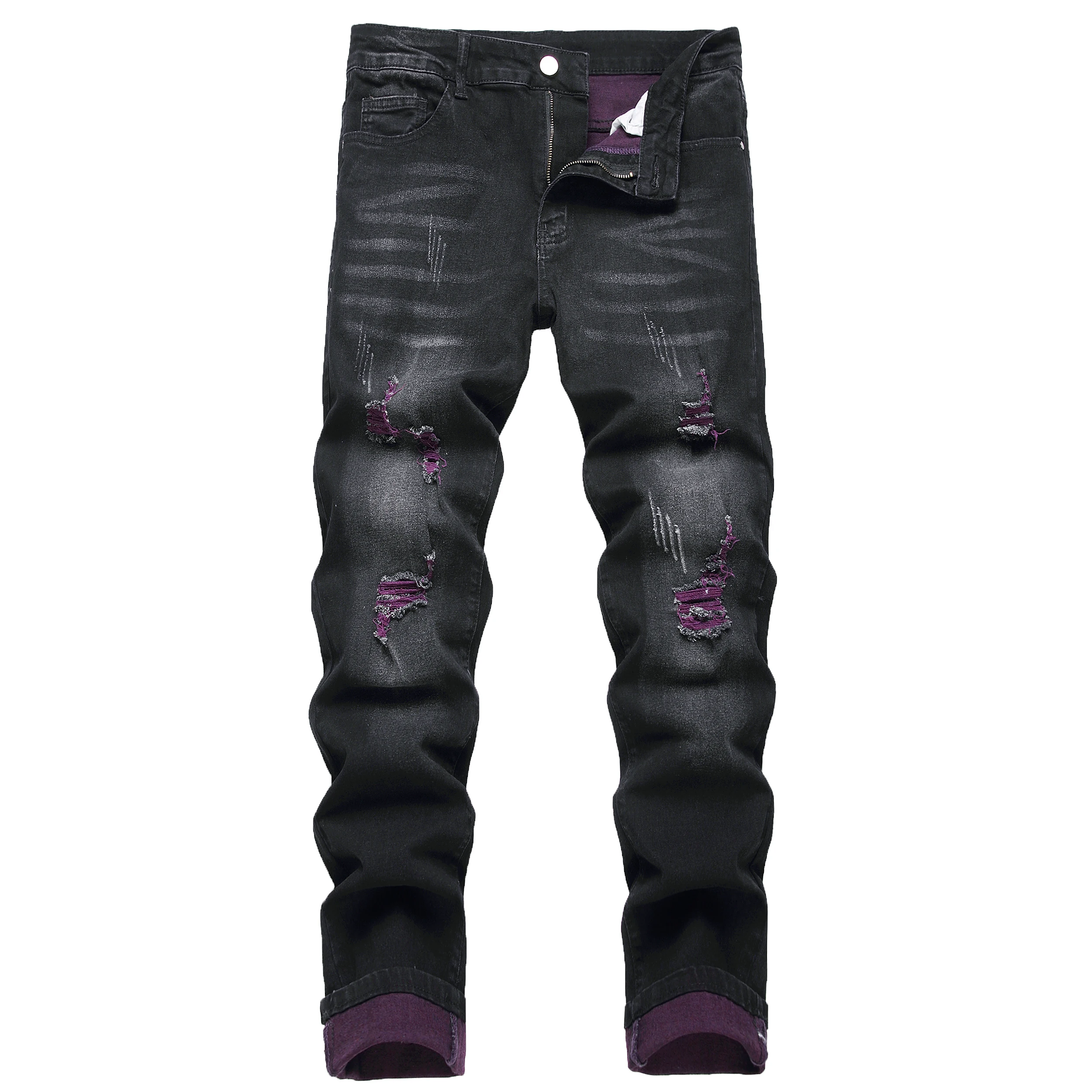 Men's Black Fashion Ripped Jeans, Classic Purple Ripped Slim Fit Jeans 517