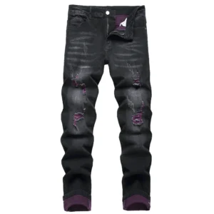 Men's black jeans Elastic purple distressed denim pants Distressed color denim long pants Casual street party jeans 517