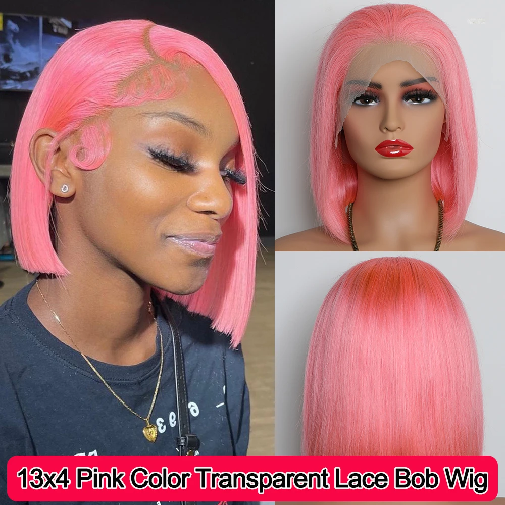 13x4 Short Bob Wig HD Transparent Lace Light Pink Wig Preplucked Lace Frontal Wigs Brazilian Virgin Human Hair 14 Inch 10 Inch - Image 4
