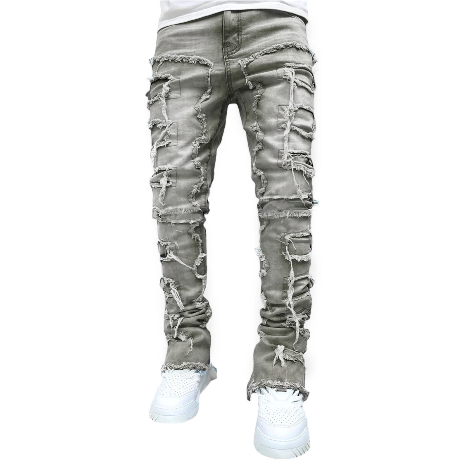 Men Skinny Pants Vintage Patch Frayed Denim Pants Spring Fall Casual Leggings Trousers with Pockets - Image 7