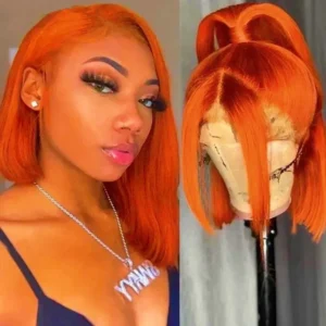 GluelessGinger Short Bob Human Hair Wigs 12 Inch #350 Orange Straight 13x4 Lace Frontal Wig for Women Brazilian Hair Colored Wig