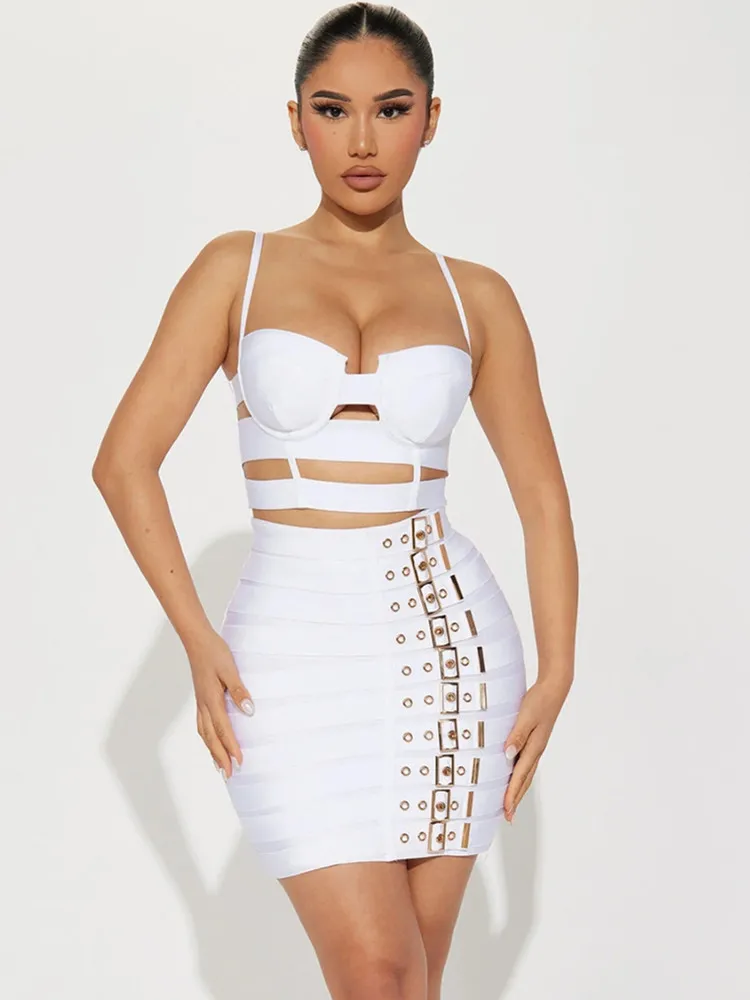 Women Celebrity Sexy Cut Out Mental Black White Mini Bodycon Bandage Skirt Set 2023 Elegant Evening Birthday Club Party Outfits - Image 8