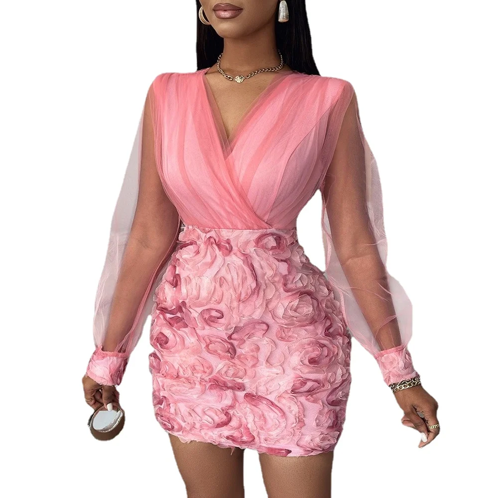 Women Fashion Dress Fashion Floral Pattern Sheer Mesh Patch Long Sleeve V-Neck Elegant Party Dress - Image 6
