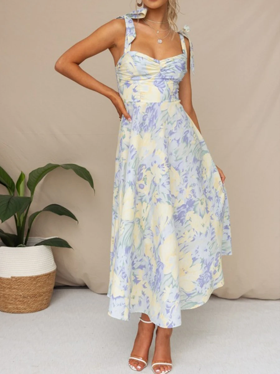 Women Sling Dress Sleeveless Low-cut Tie-up Flower Print Summer Long Dress for Cocktail Party - Image 4