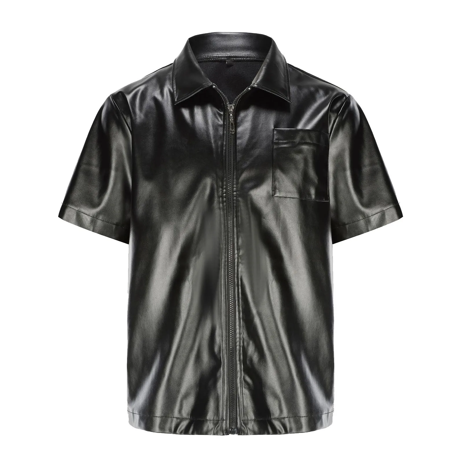 Leather Zipper Men'S Casual Short Sleeved Leather Jacket Cool Fashion Top Oversized Loose Fitting Short Sleeved Black Shirt - Image 4