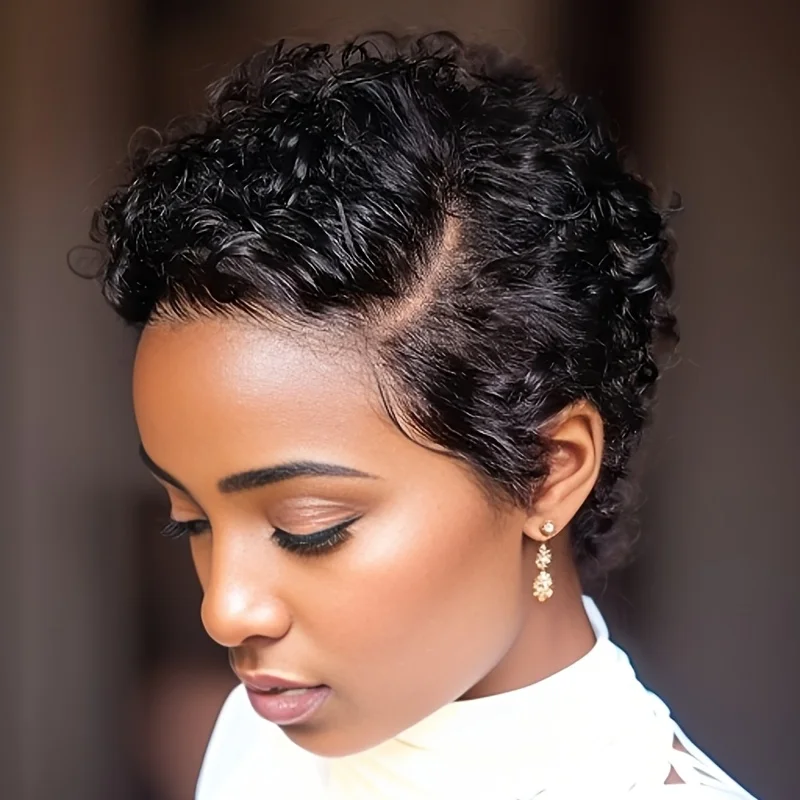 150% densiity 6inch natural black color pixie cut human hair wigs for women short curly 13x1 T part transparent lace - Image 4