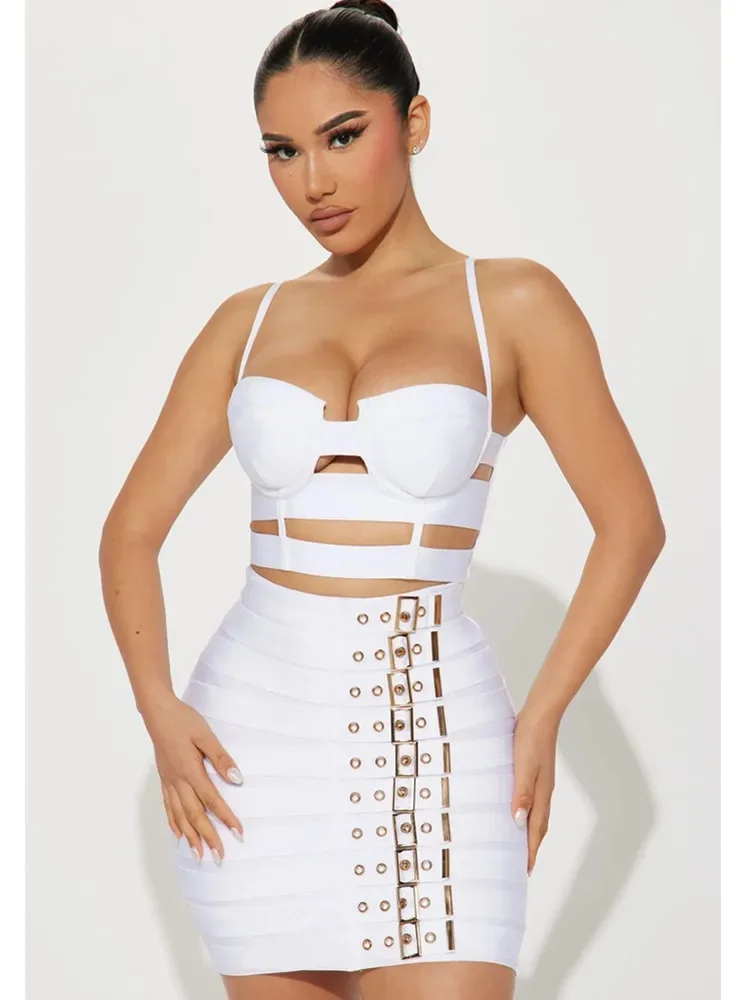 Women Celebrity Sexy Cut Out Mental Black White Mini Bodycon Bandage Skirt Set 2023 Elegant Evening Birthday Club Party Outfits - Image 2