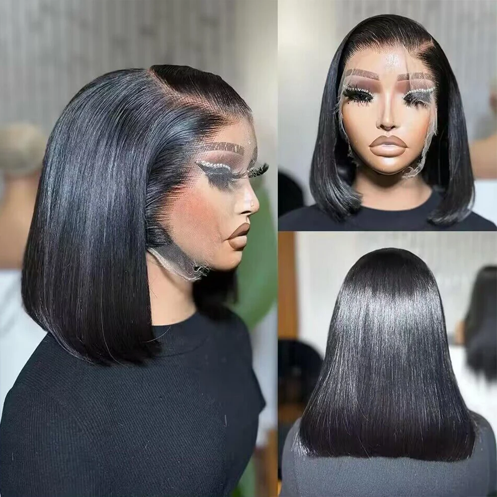 200% Density 13x4 Short Bob Straight Brazilian Remy Hair HD Transparent Lace Full Lace Frontal Wigs 100% Human Hair For Women - Image 2