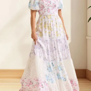Elegant Floral Print Short Sleeve A-Line Dress with Ruffled Hem for Women Perfect for Cocktail Parties and Streetwear Fashion