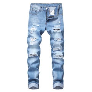 Men's Light Blue Jeans; Men's Fashionable Distressed Jeans; Party Suitable Jeans 305L