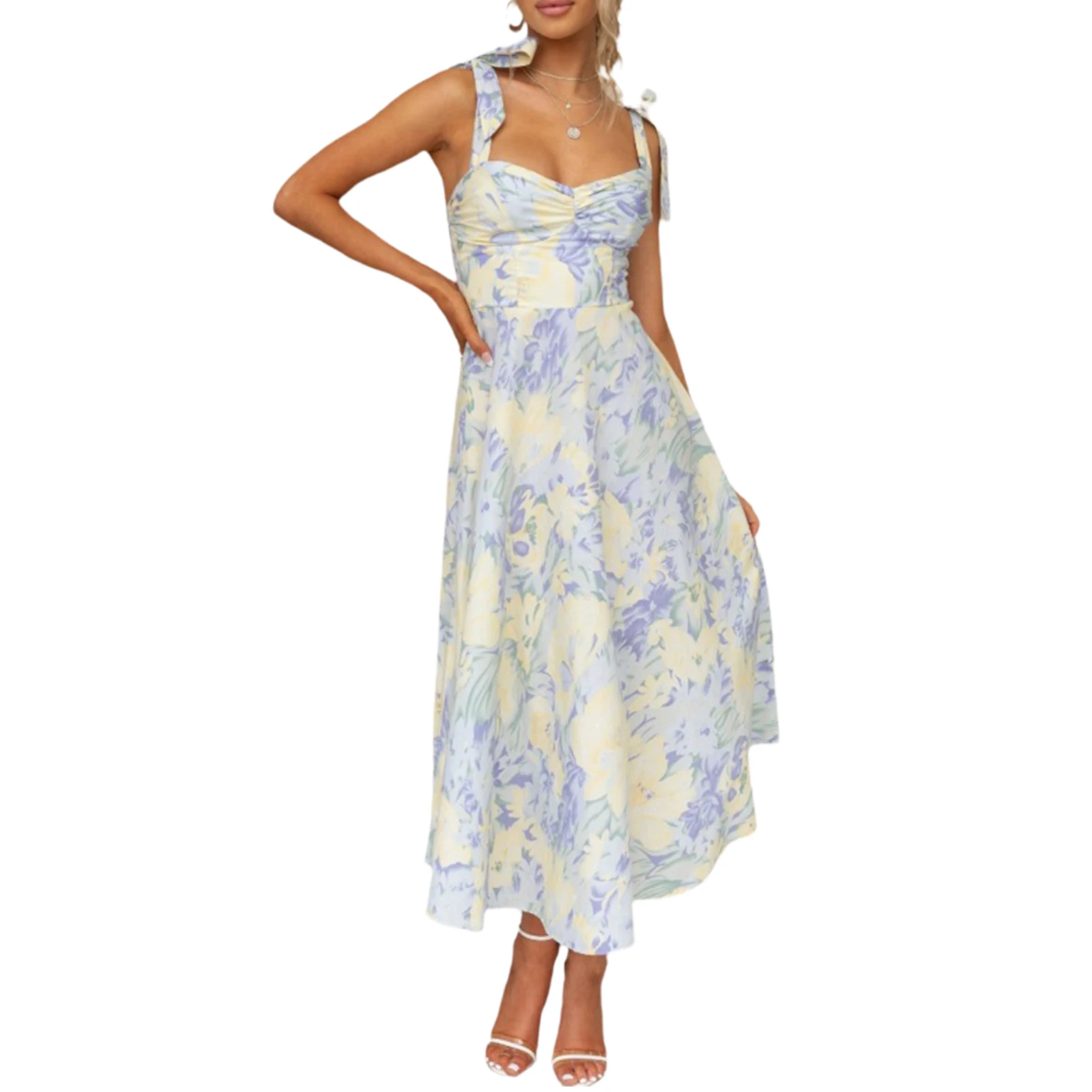 Women Sling Dress Sleeveless Low-cut Tie-up Flower Print Summer Long Dress for Cocktail Party - Image 7