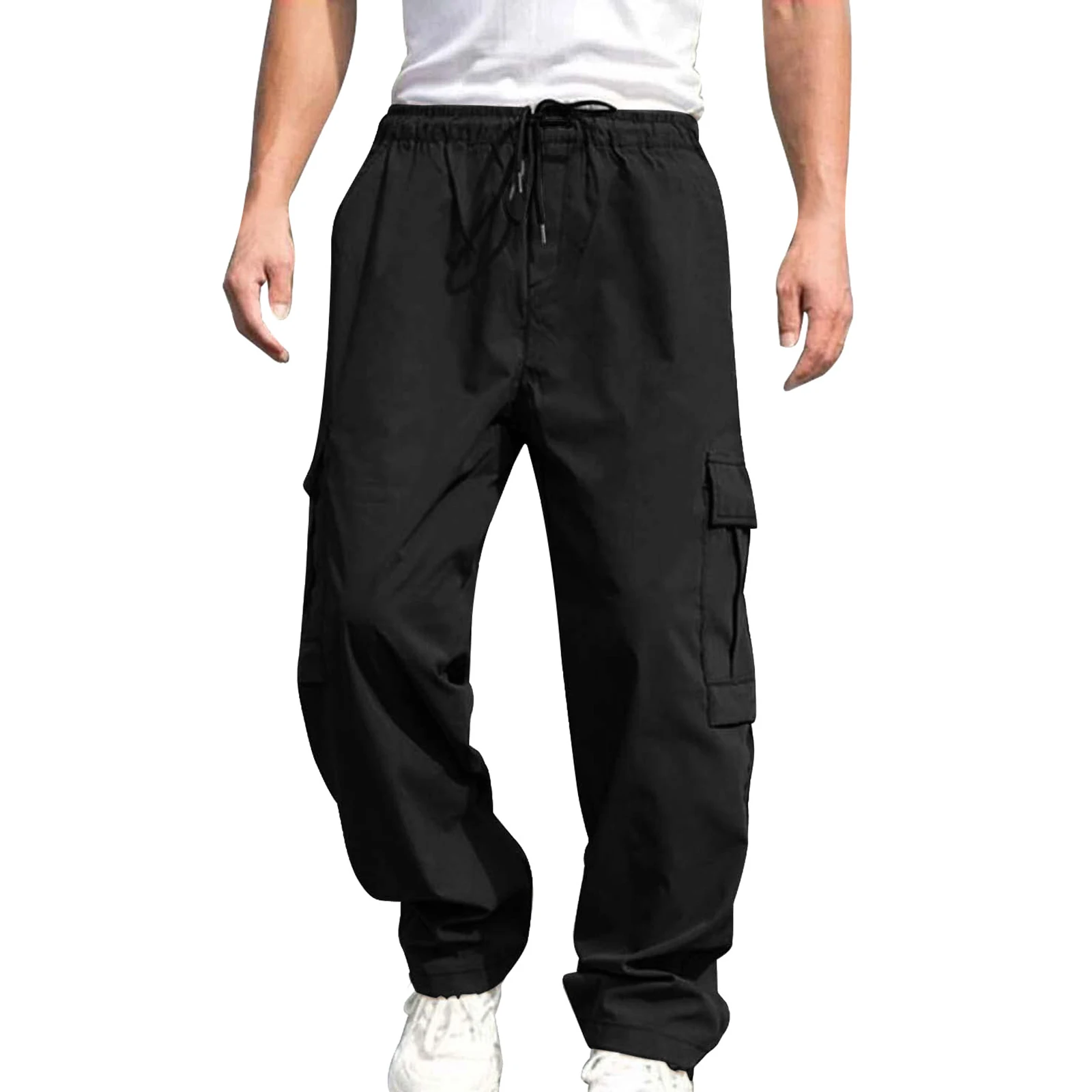 Men s Loose Cargo Long Pants Solid Color Drawstring Waist Straight Leg Trousers Casual Work Pants with Pockets - Image 7