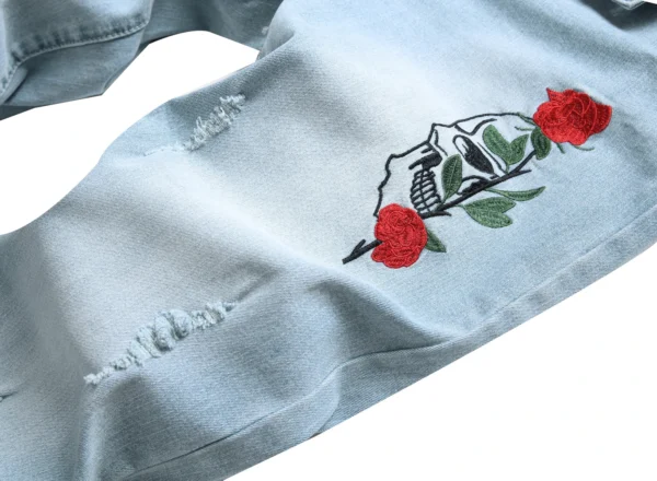 Men's Casual Slim Fit Jeans, Fashion Flower Embroidery Casual Jeans LY026 - Image 6