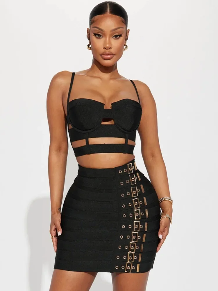 Women Celebrity Sexy Cut Out Mental Black White Mini Bodycon Bandage Skirt Set 2023 Elegant Evening Birthday Club Party Outfits - Image 3