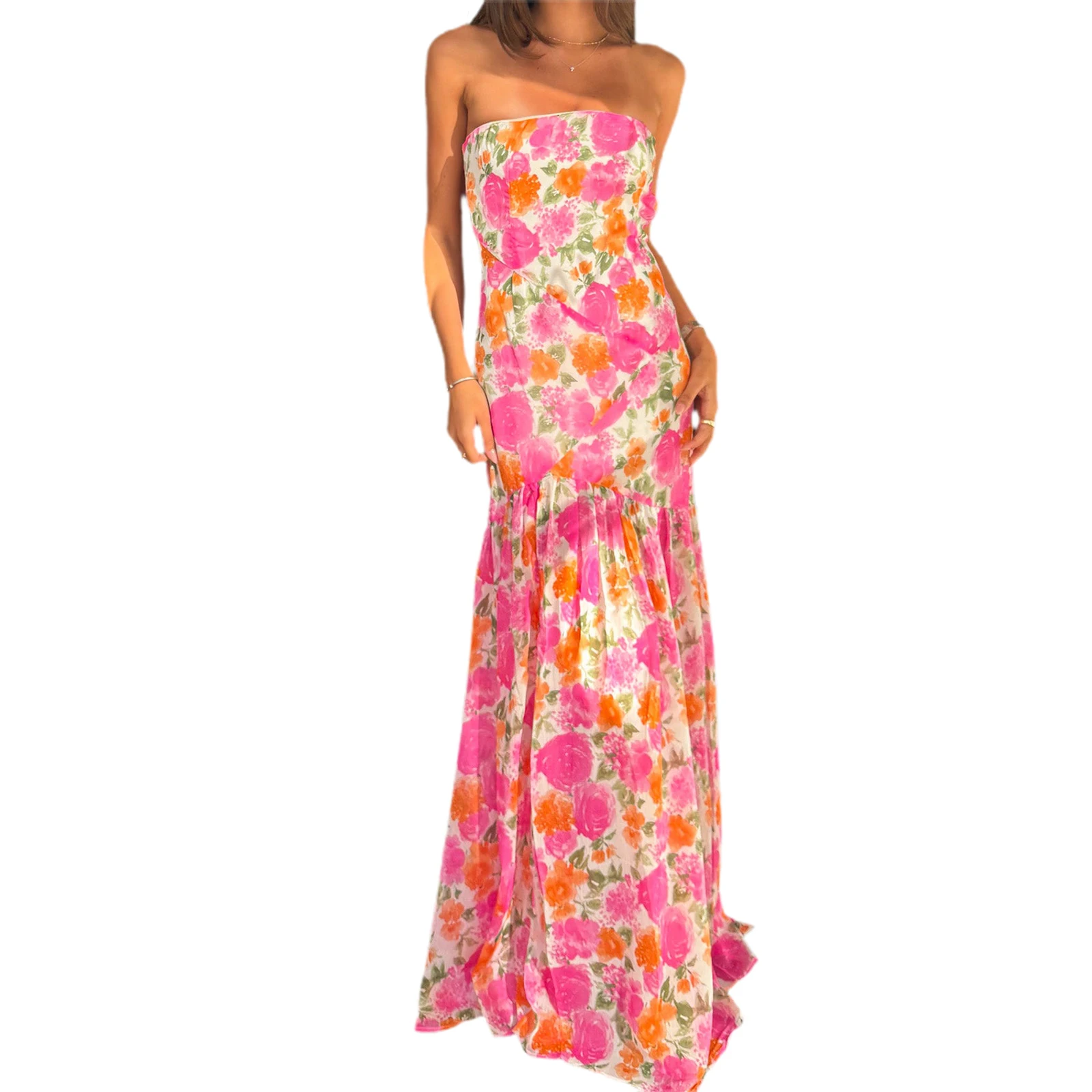 Elegant Off-Shoulder Maxi Dress with Boho Floral Print and Open Back Design for Summer Wedding Party Vacation Wear - Image 6