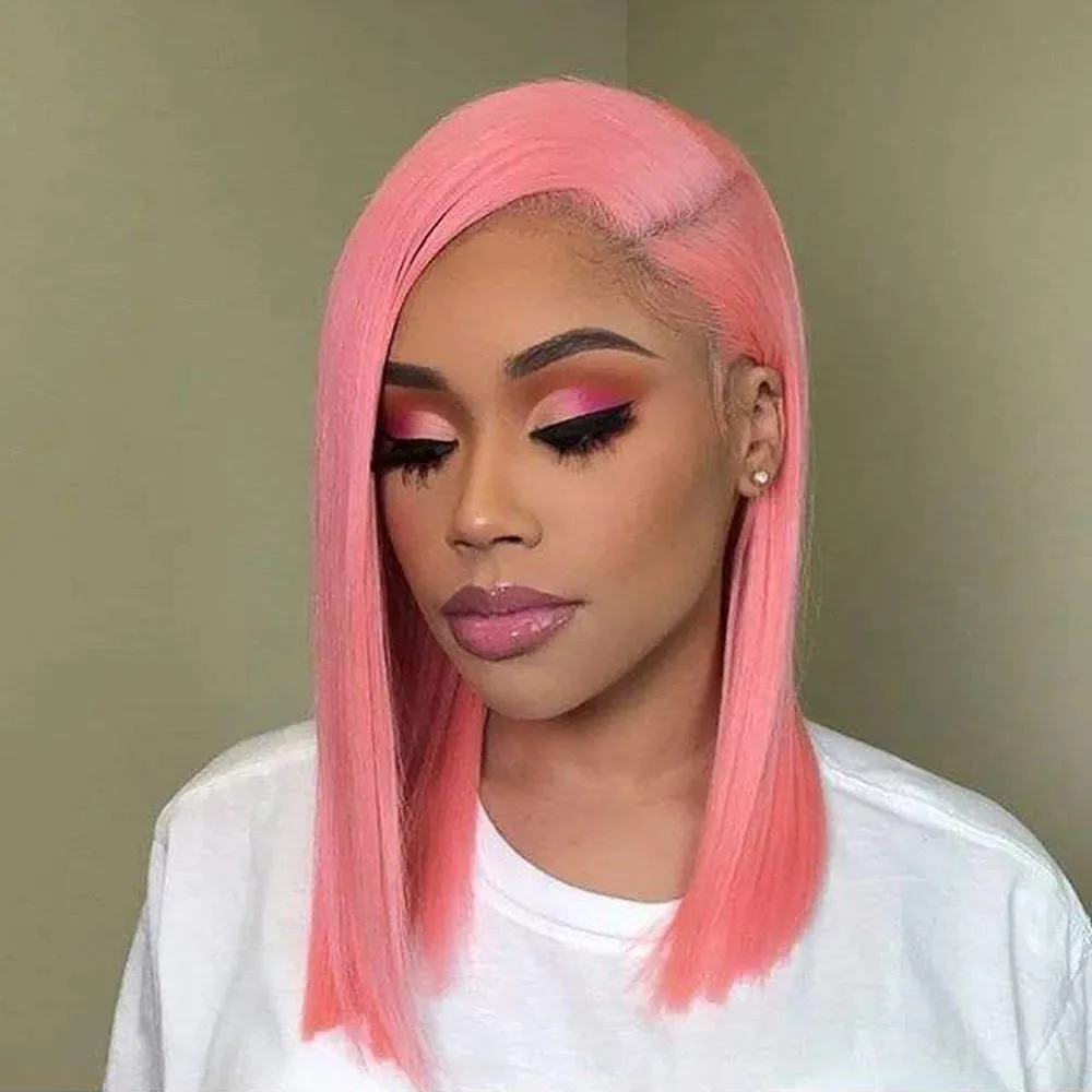 13x4 Short Bob Wig HD Transparent Lace Light Pink Wig Preplucked Lace Frontal Wigs Brazilian Virgin Human Hair 14 Inch 10 Inch - Image 2