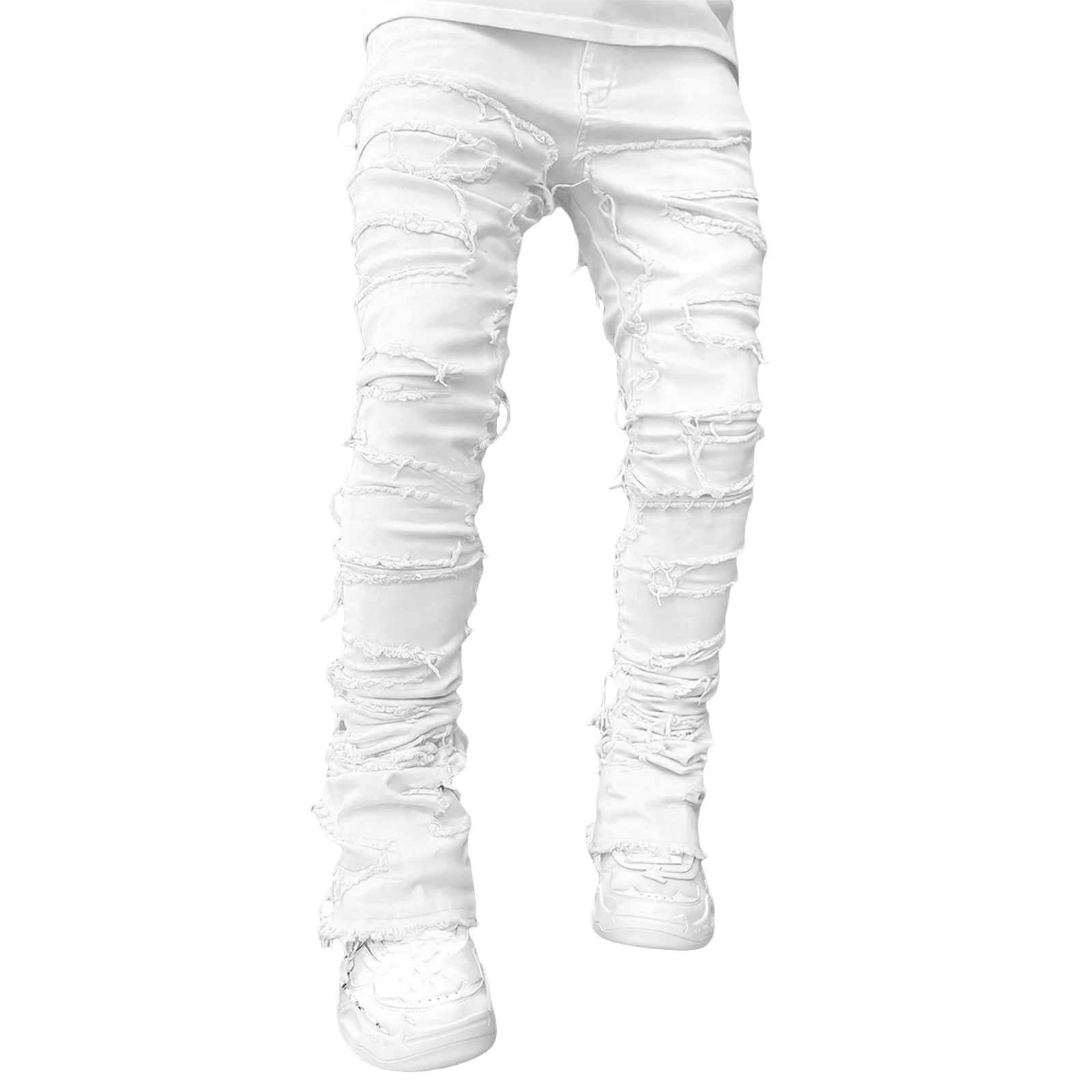 Men Skinny Pants Vintage Patch Frayed Denim Pants Spring Fall Casual Leggings Trousers with Pockets - Image 6