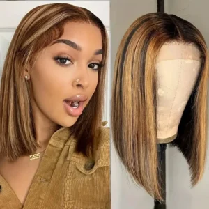 200% Highlight Bob Wig Human Hair Straight Short Bob Wig 4/27 Chocolate Brown Ombre 4x4x1 Straight Lace Closure Wig For Women
