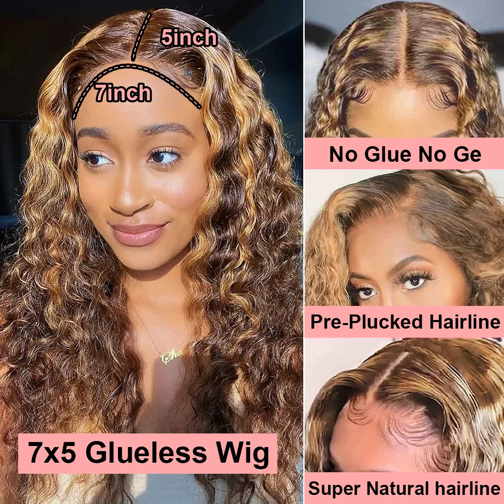 4/27 Ombre Curly Highlight Wig Human Hair Preplucked 7x5 Lace Closure Glueless Wigs Human Hair Deep Wave Ready To Wear For Women - Image 4