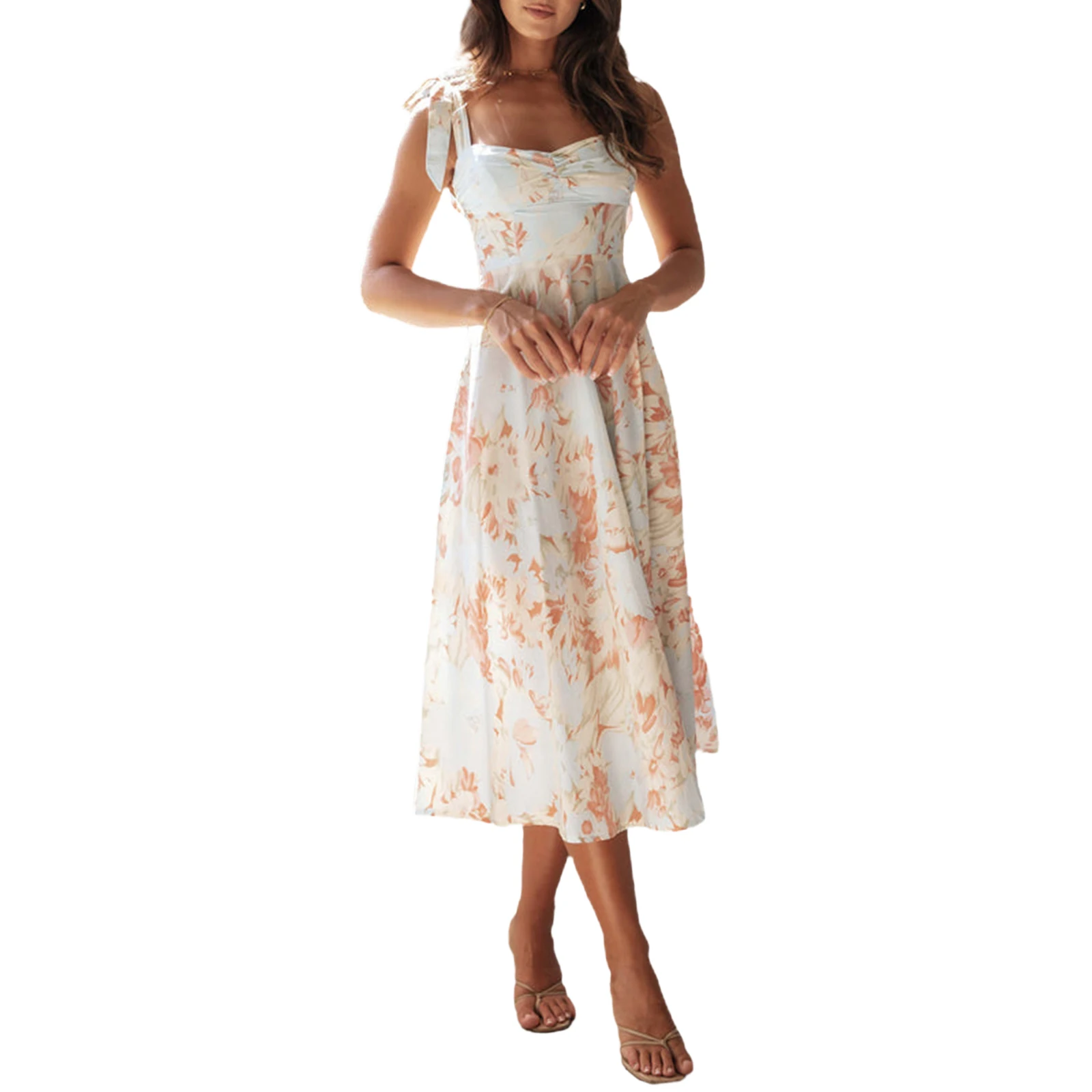 Women Sling Dress Sleeveless Low-cut Tie-up Flower Print Summer Long Dress for Cocktail Party - Image 6