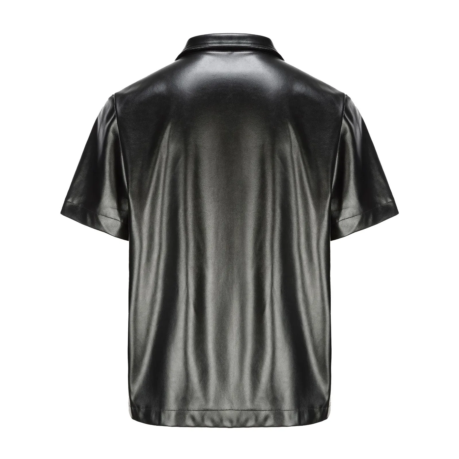 Leather Zipper Men'S Casual Short Sleeved Leather Jacket Cool Fashion Top Oversized Loose Fitting Short Sleeved Black Shirt - Image 5