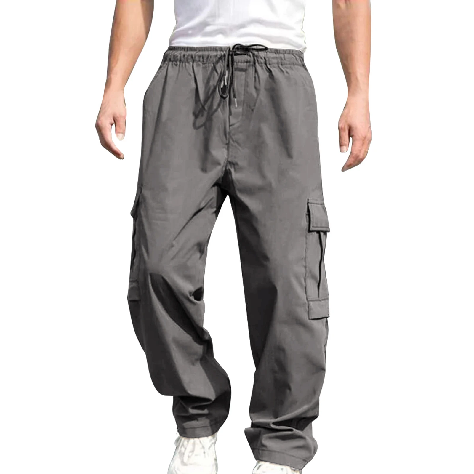 Men s Loose Cargo Long Pants Solid Color Drawstring Waist Straight Leg Trousers Casual Work Pants with Pockets - Image 6