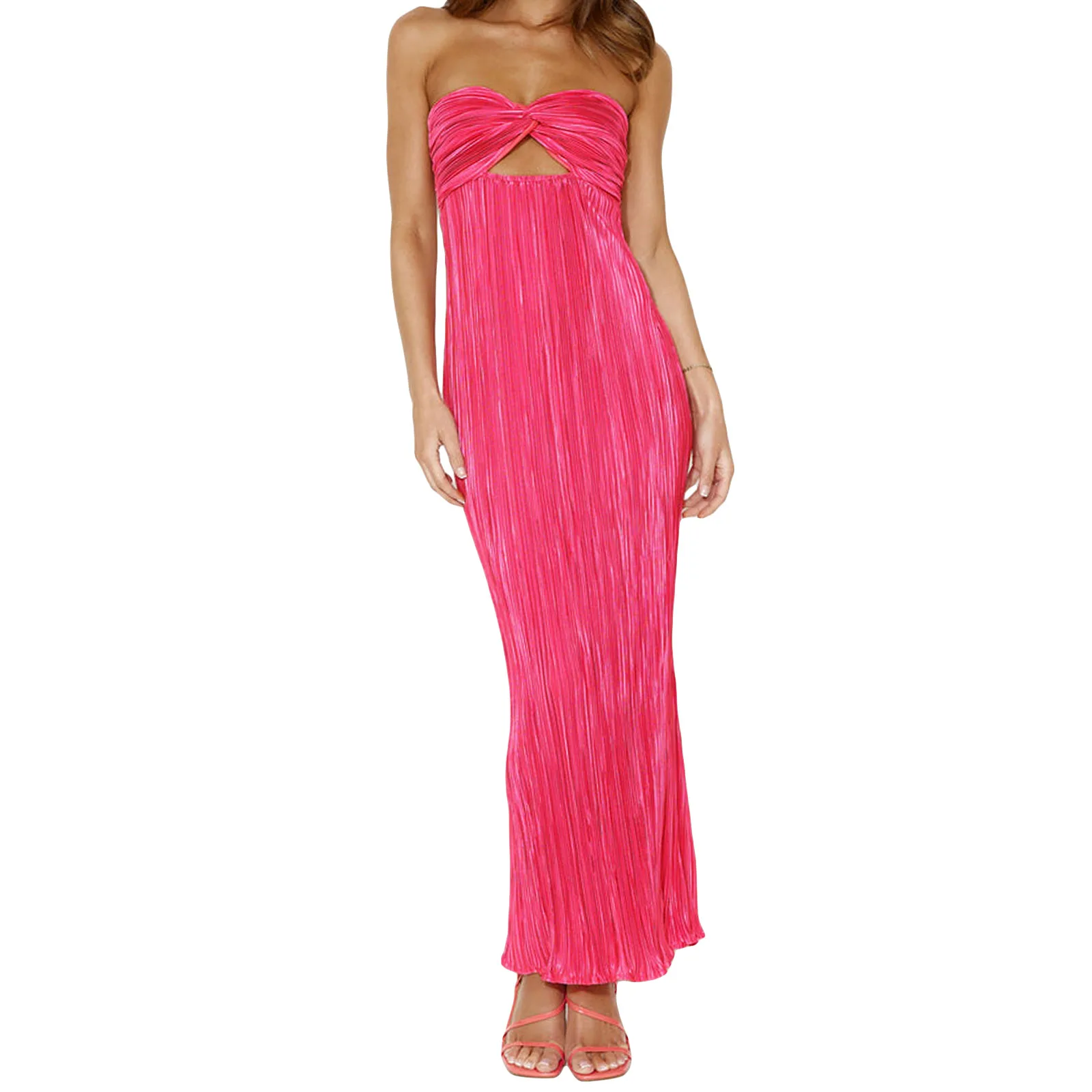 Women Long Bodycon Dress Solid Color Strapless Cutout Ruched Boat Neck Backless Tube Dress Summer Party Dress - Image 6