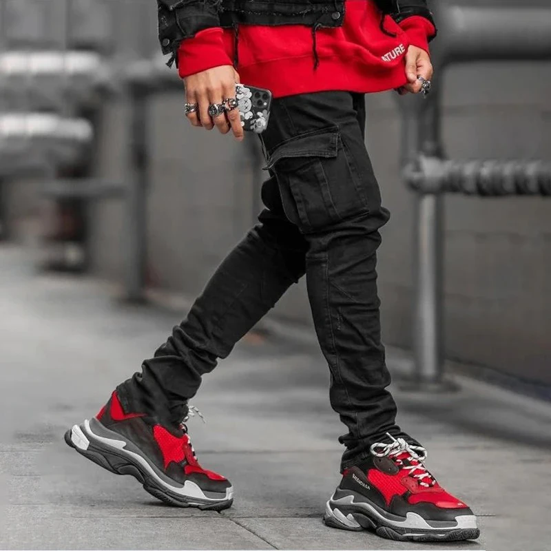 Men Street Elastic Denim Jeans Wash Solid Color Multi Pockets Cargo Pants Casual Slim Fit Daily Wear Joggers Mid Waist Trousers - Image 5