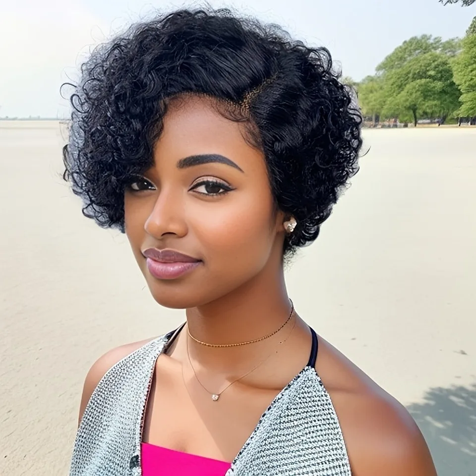 150% densiity 6inch natural black color pixie cut human hair wigs for women short curly 13x1 T part transparent lace - Image 3
