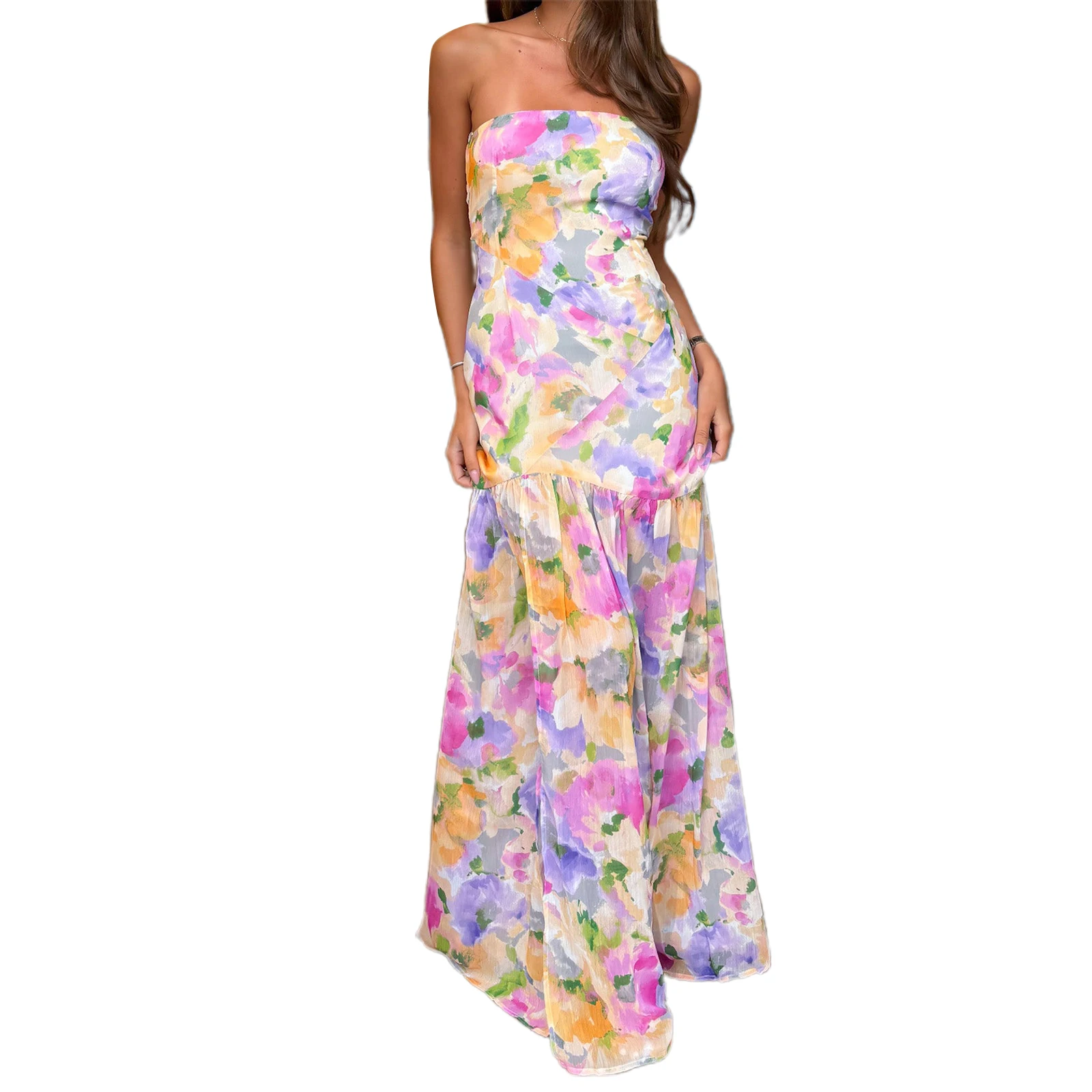 Elegant Off-Shoulder Maxi Dress with Boho Floral Print and Open Back Design for Summer Wedding Party Vacation Wear - Image 7