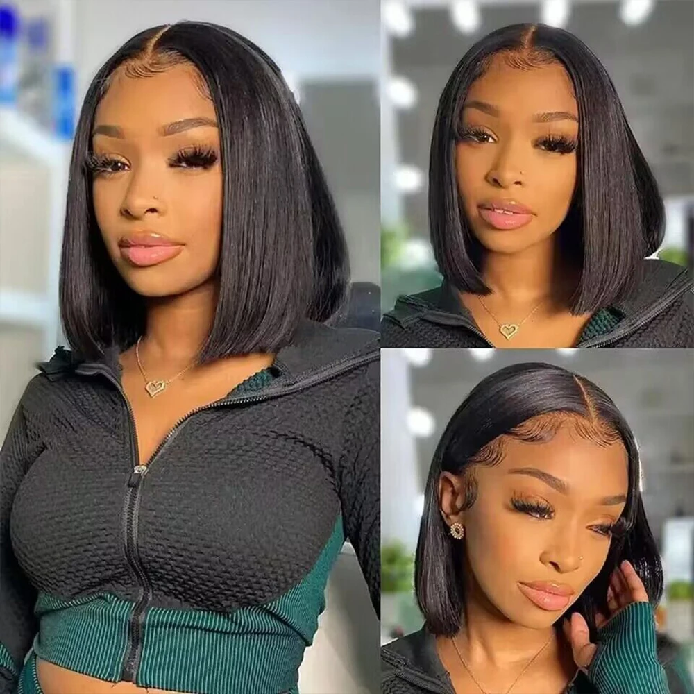 200% Density 13x4 Short Bob Straight Brazilian Remy Hair HD Transparent Lace Full Lace Frontal Wigs 100% Human Hair For Women - Image 4