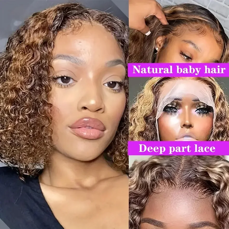 250Density 13x4 Curly Deep Wave Short Bob HD Lace Frongtal Wigs 16 Inch Highlight Ombre Lace Front Wig 13x6 Human Hair Brazilian - Image 2