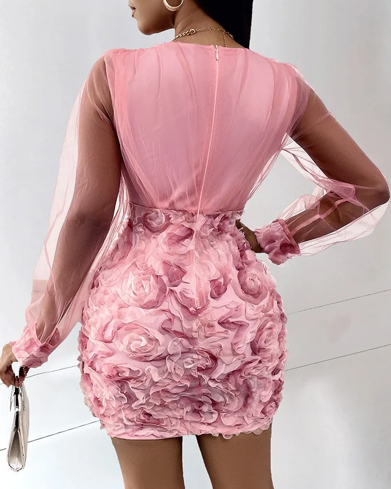 Women Fashion Dress Fashion Floral Pattern Sheer Mesh Patch Long Sleeve V-Neck Elegant Party Dress - Image 3