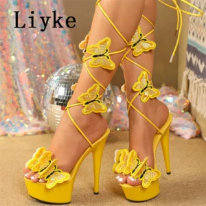 Liyke 2025 New Pink Yellow Cross Strap Platform Sandals Women Handmade Embroidery Butterfly Open Toe Elegant High Heels Shoes