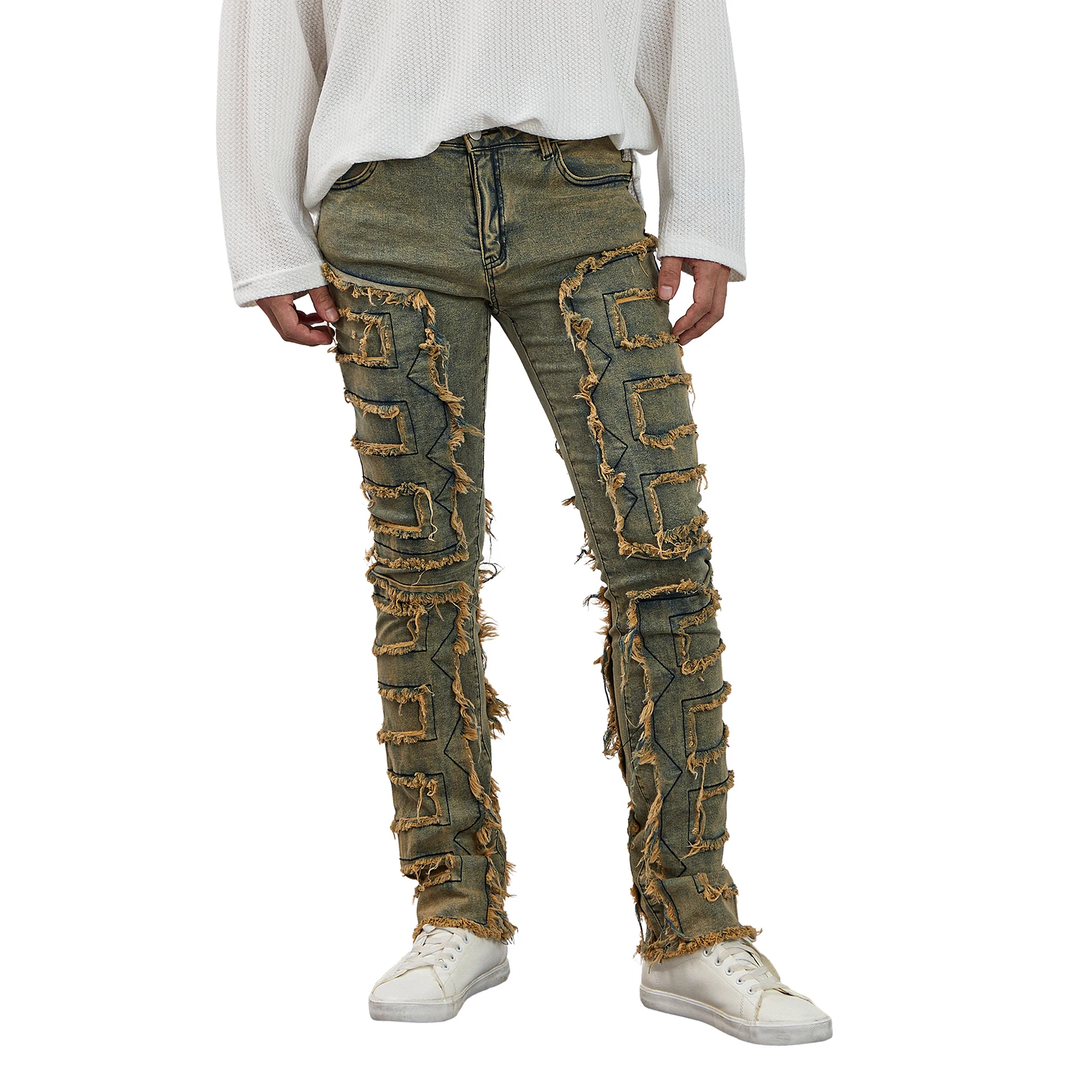 Men Skinny Pants Vintage Patch Frayed Denim Pants Spring Fall Casual Leggings Trousers with Pockets - Image 8