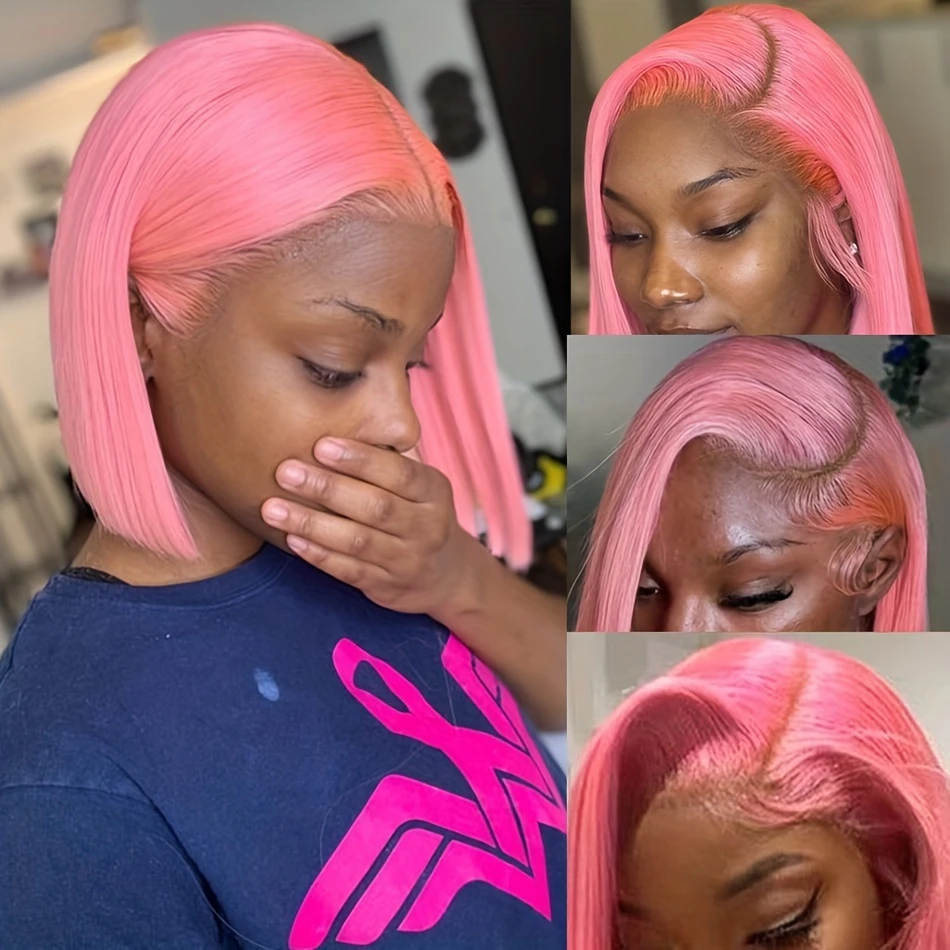 13x4 Short Bob Wig HD Transparent Lace Light Pink Wig Preplucked Lace Frontal Wigs Brazilian Virgin Human Hair 14 Inch 10 Inch - Image 3