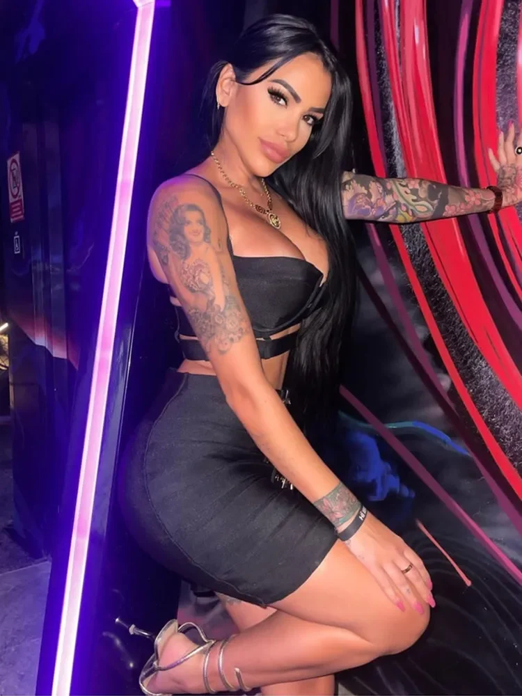 Women Celebrity Sexy Cut Out Mental Black White Mini Bodycon Bandage Skirt Set 2023 Elegant Evening Birthday Club Party Outfits - Image 6