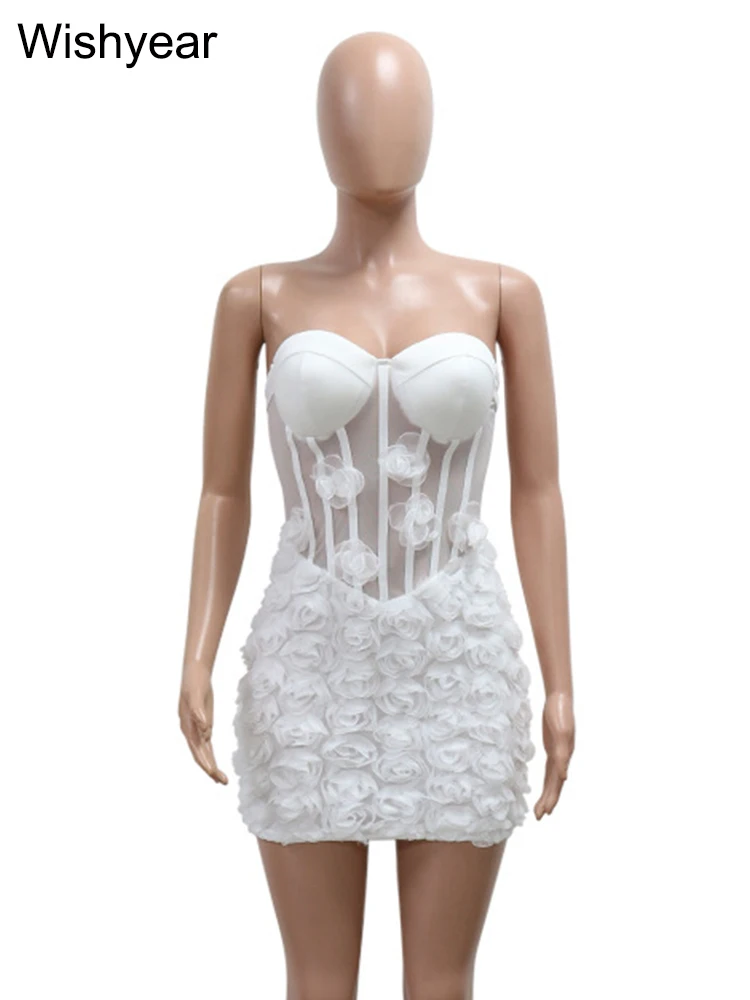 New Sexy Off Shoulder 3D Flower See Through Strapless White Mini Dresses Women‘s Elegant Birthday Evening Guest Party Prom Robe - Image 5