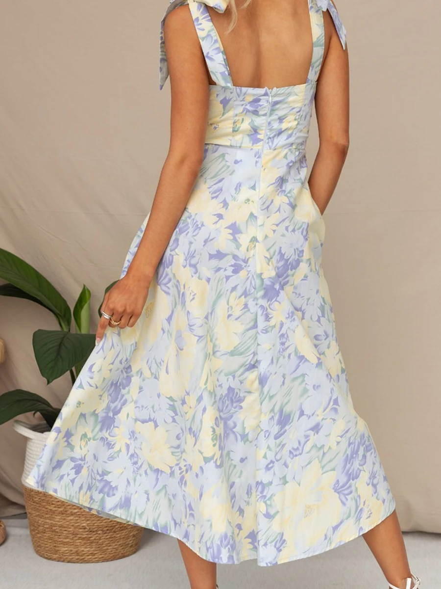 Women Sling Dress Sleeveless Low-cut Tie-up Flower Print Summer Long Dress for Cocktail Party - Image 2