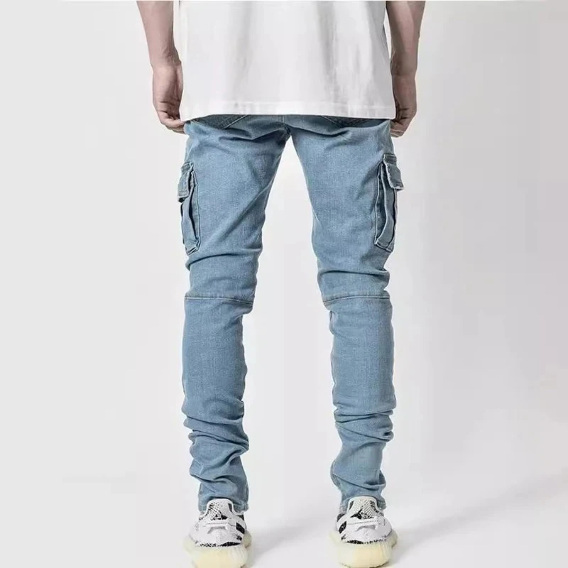 Men Street Elastic Denim Jeans Wash Solid Color Multi Pockets Cargo Pants Casual Slim Fit Daily Wear Joggers Mid Waist Trousers - Image 2