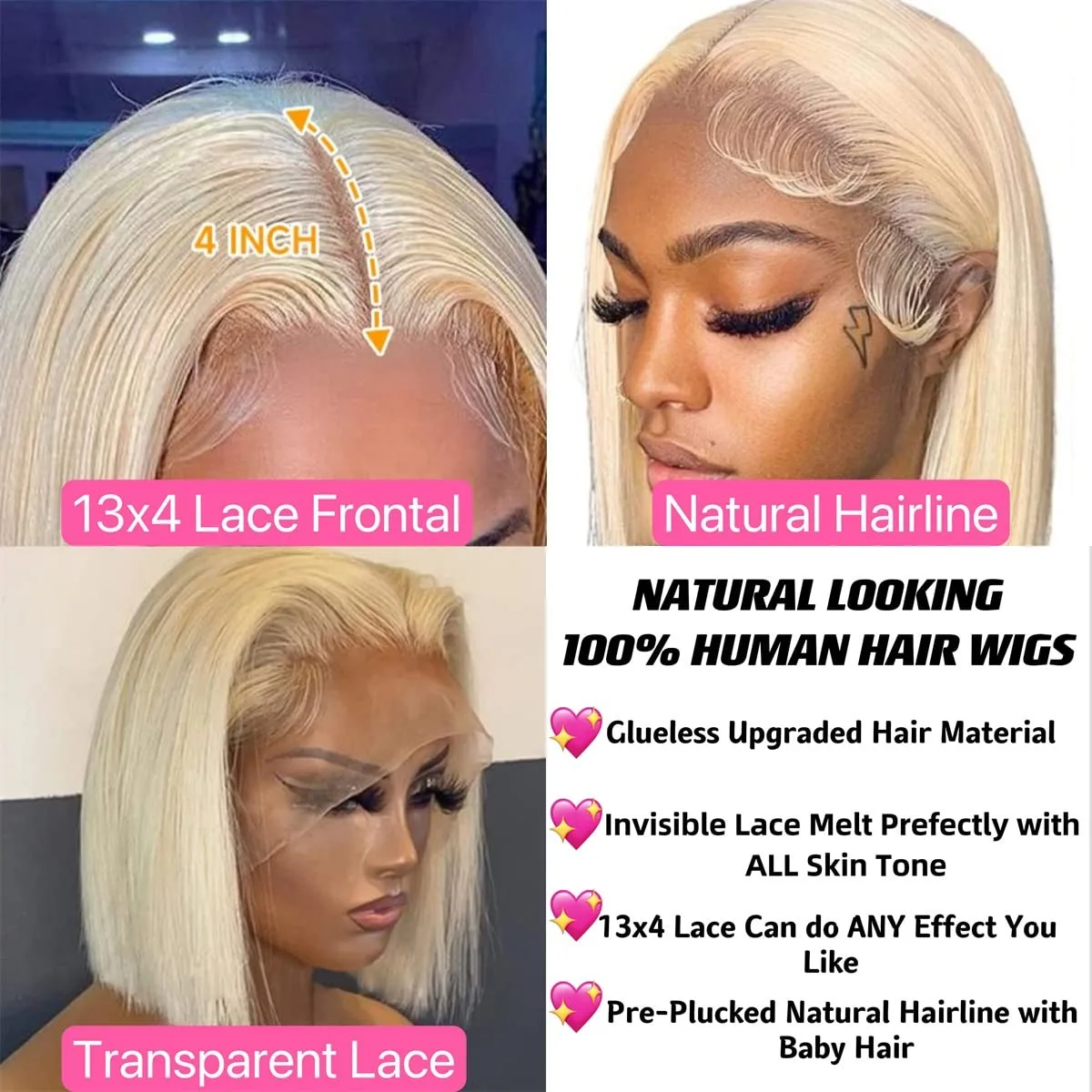 Blonde Bob Wig Human Hair 180% Density 613 Lace Front Wig Human Hair Bob 13x4 HD Transparent Blonde Lace Frontal Wigs Human Hair - Image 4