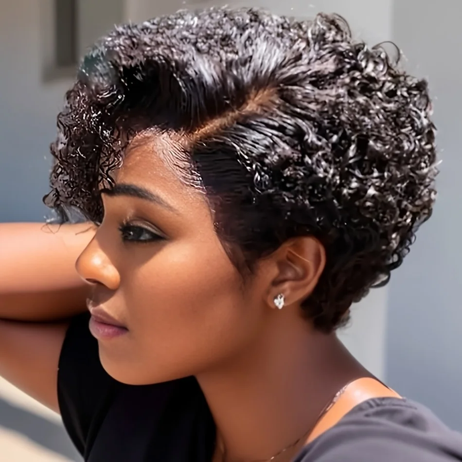 150% densiity 6inch natural black color pixie cut human hair wigs for women short curly 13x1 T part transparent lace