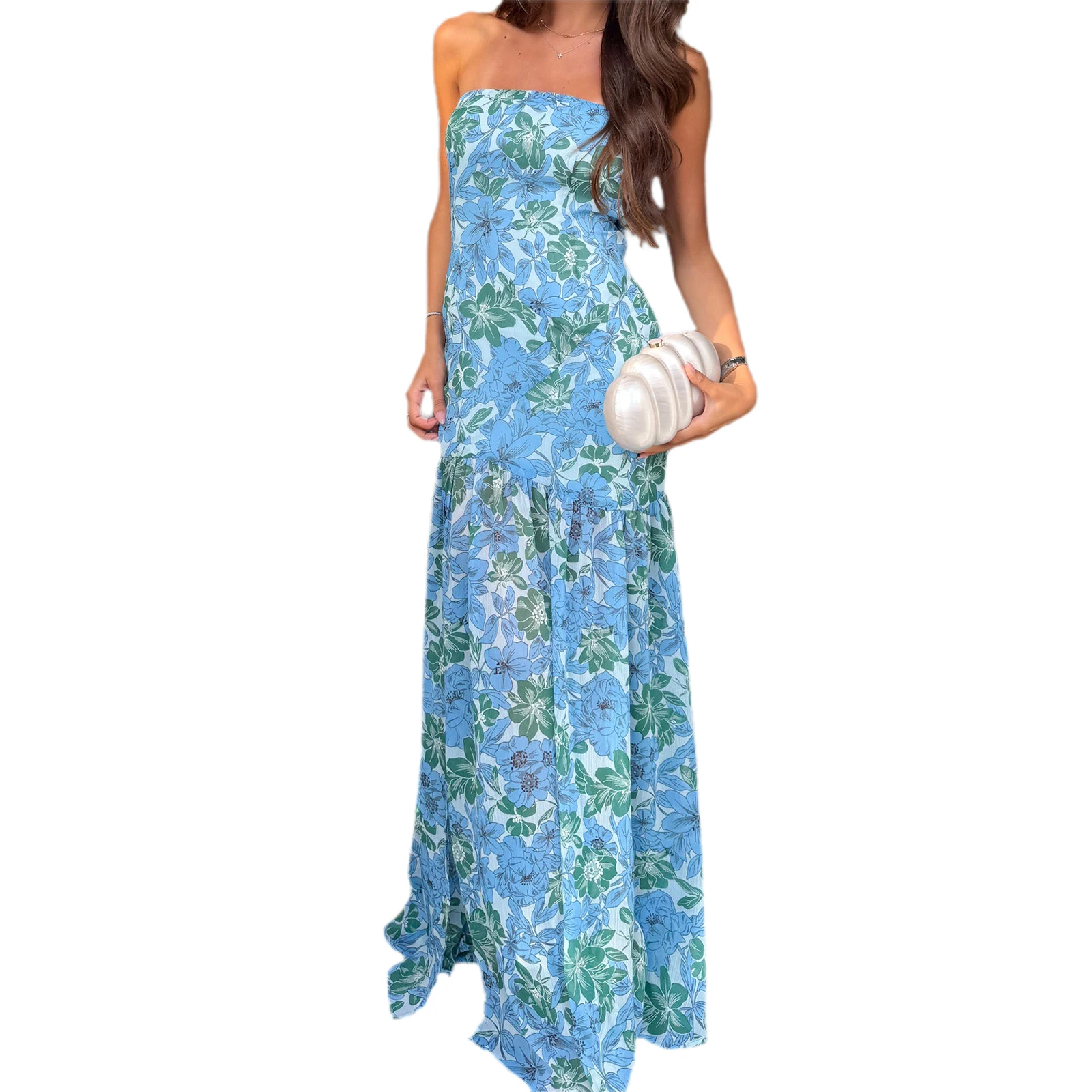 Elegant Off-Shoulder Maxi Dress with Boho Floral Print and Open Back Design for Summer Wedding Party Vacation Wear - Image 5